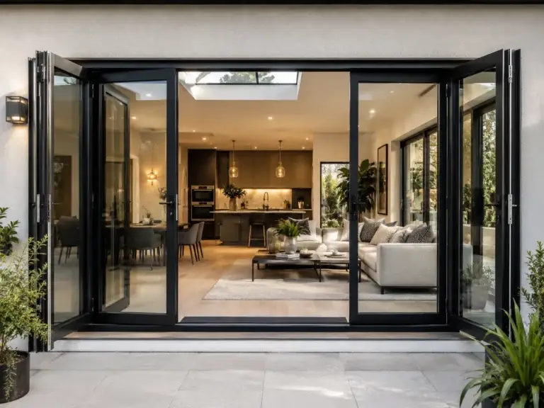 Black aluminium sliding glass doors opening to a modern home
