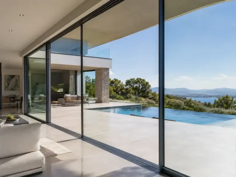 Large custom glass windows overlooking a swimming pool