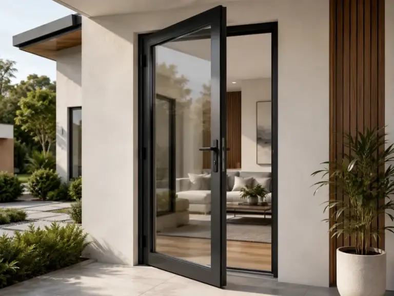 Black aluminium French doors opening to outdoor area