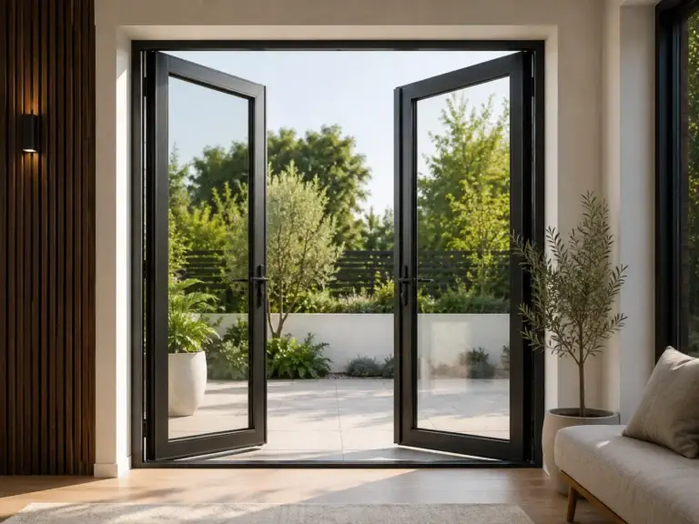 Black aluminium hinged doors opening to outdoor area