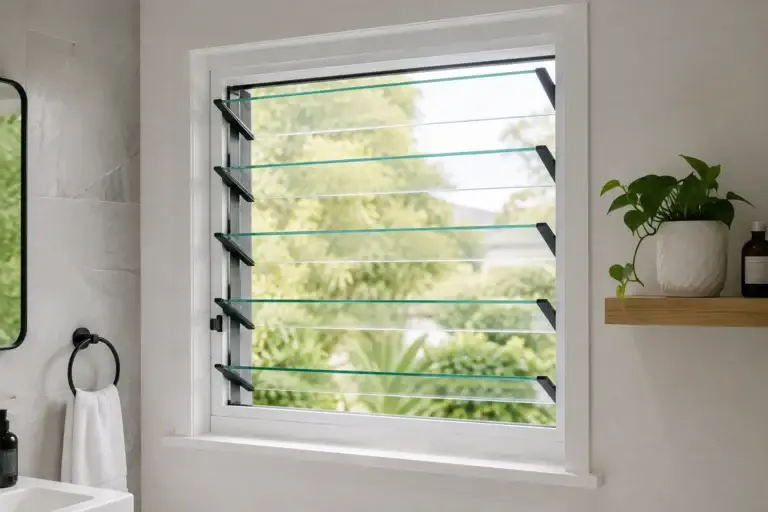 White aluminium louvre window with adjustable glass blades in a modern Sydney home