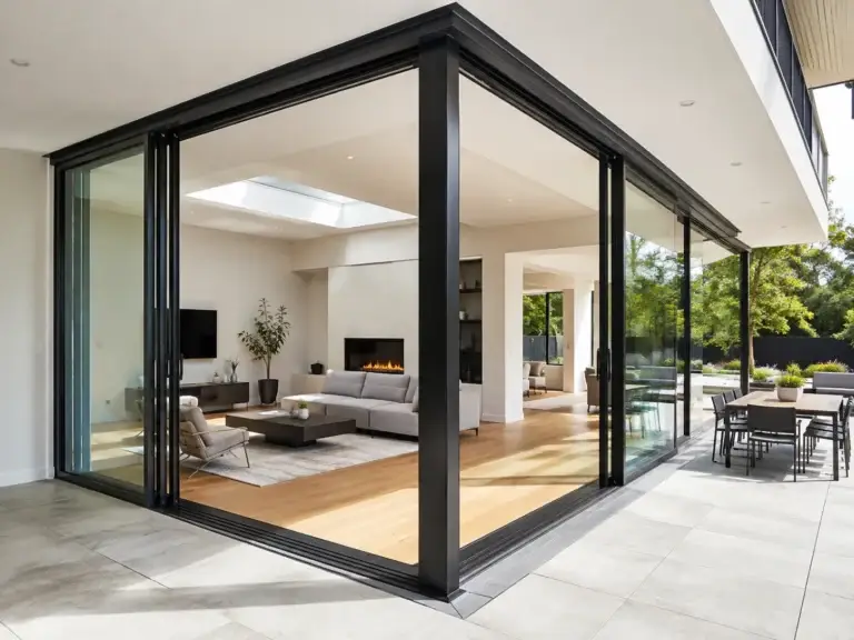 Modern black aluminium corner sliding doors opening to an outdoor entertaining area in Sydney