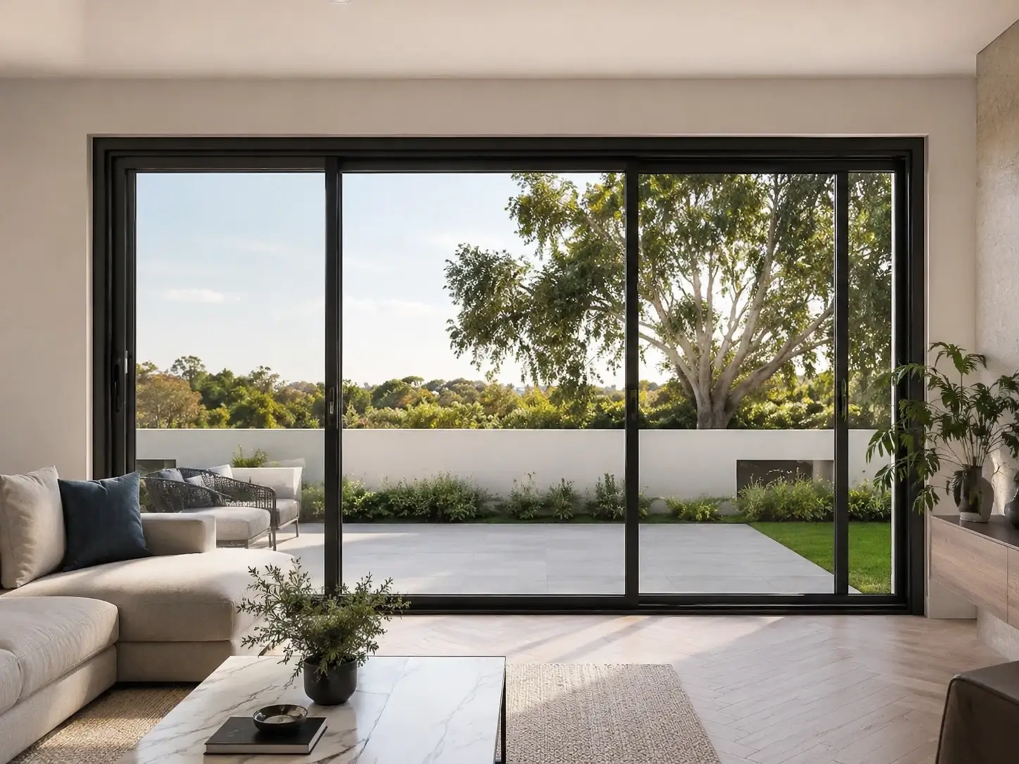 Black aluminium sliding door installation in sydney