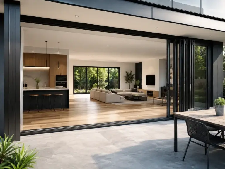 Modern black aluminium stacker doors opening to an outdoor entertaining area in Sydney