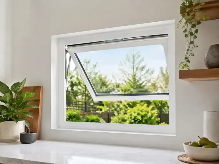 White casement window open to a lush green garden with trees and blue sky.