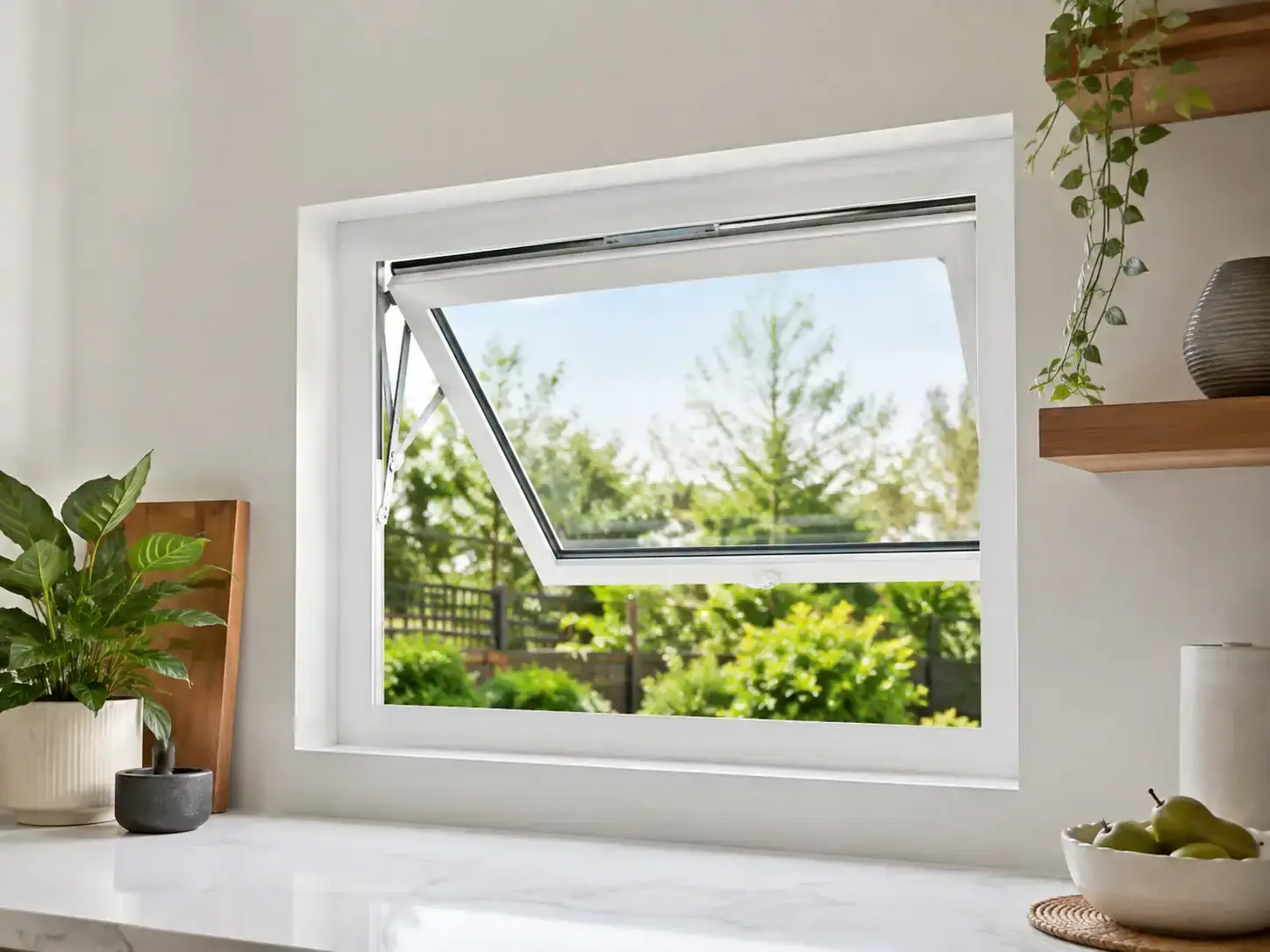 White aluminium awning window opened outward above a kitchen bench