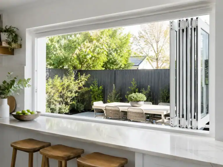 Aluminum window with outdoor garden view and adjustable blinds.