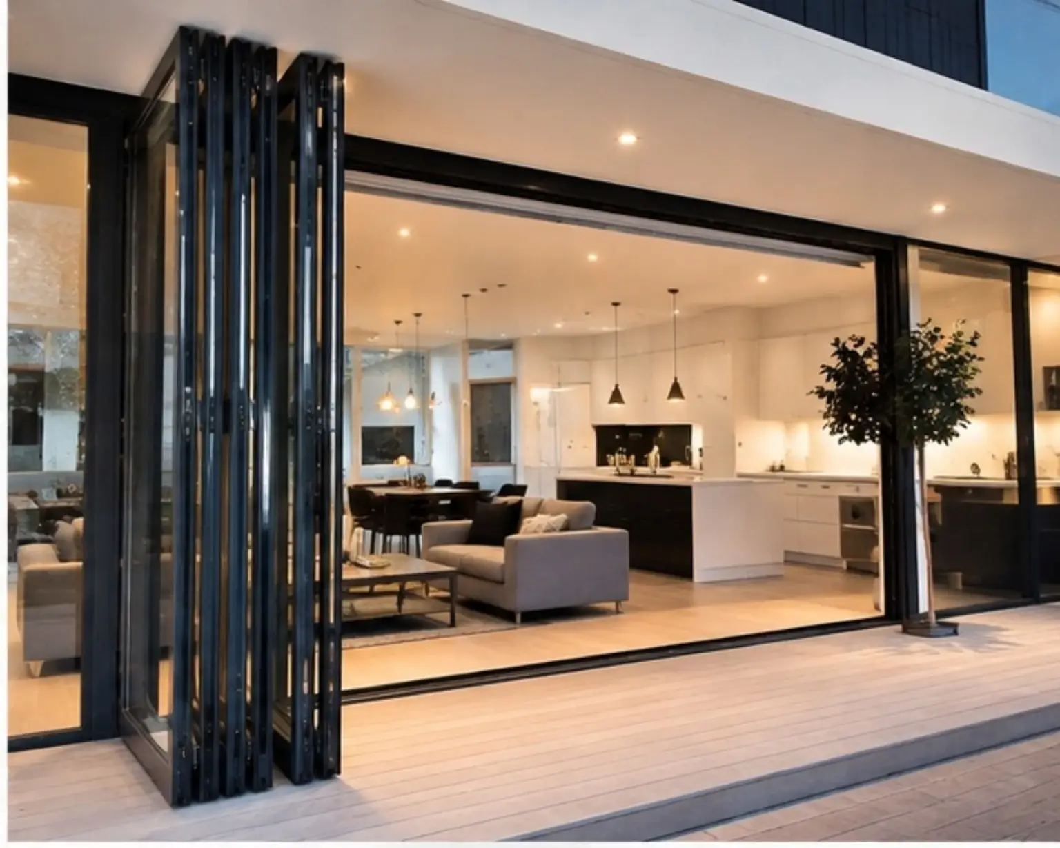 Black aluminium bi-fold doors folded open beside an outdoor area