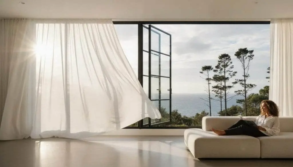 Elegant casement window open to scenic ocean view in Sydney home.