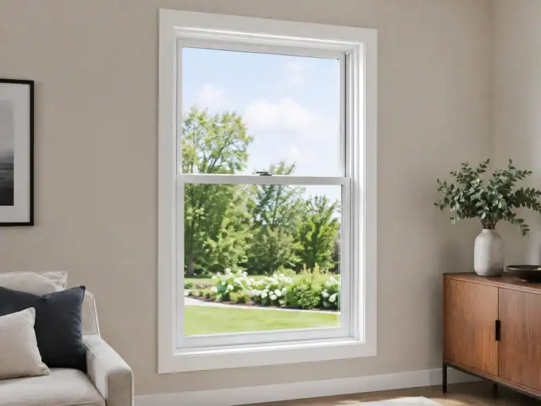 White window frame with a view of a garden and trees outside.