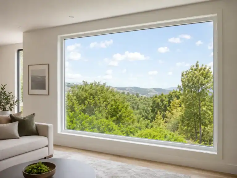 Spacious room with large window overlooking lush green landscape.