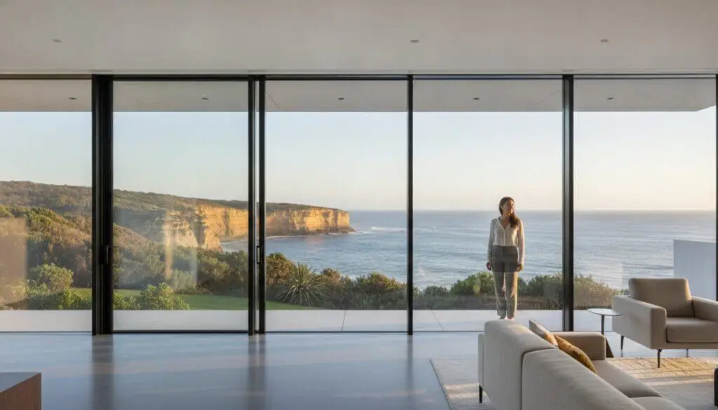 Spacious living room with floor-to-ceiling glass windows overlooking the ocean.