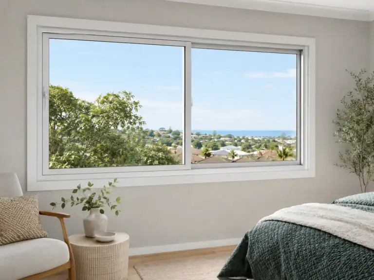 Aluminum window showcasing a scenic view of trees and the ocean.