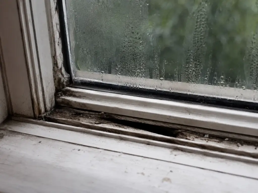 Old damaged window with moisture buildup, dirt and failing seal