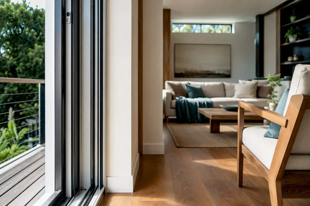 Living room beside a wide partially framed opening