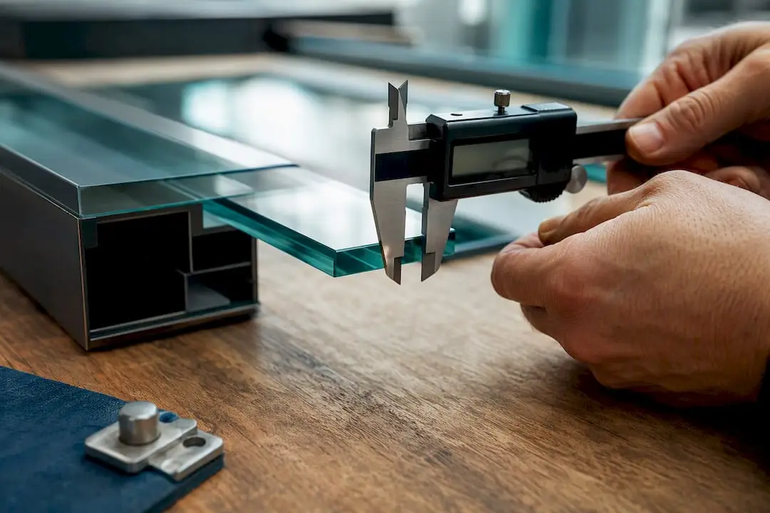 Calipers measuring a glass pane edge