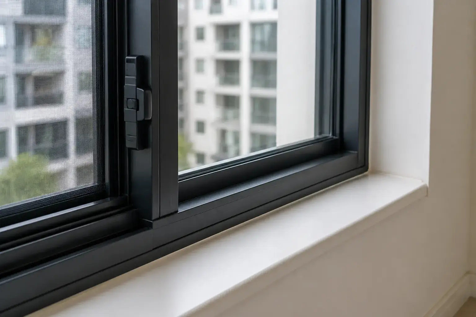 Close view of an aluminium apartment window frame, lock, flyscreen and sill