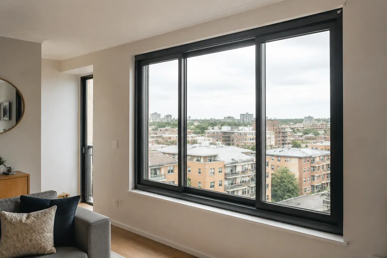 Charcoal aluminium windows inside a modern Sydney apartment